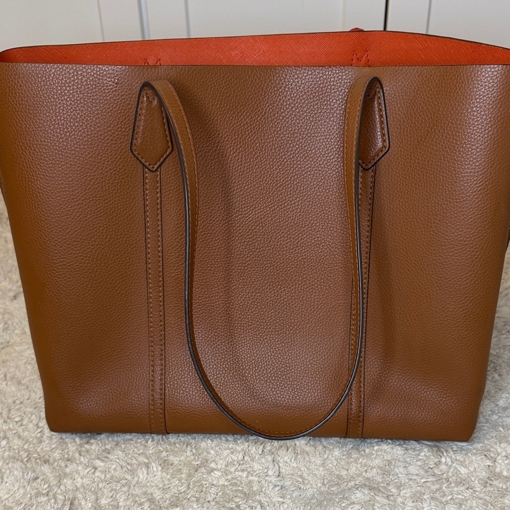 Tory Burch Perry Triple Compartment Tan Leather Tote with Red Accent - Picture 2 of 16